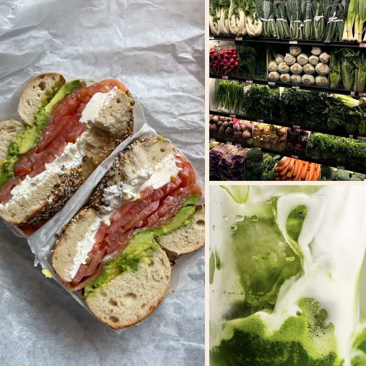 Bagel mit Lachs und Avocado, frisches Gemüse und ein grüner Matcha-Drink